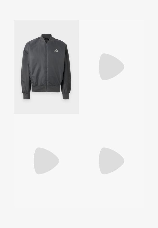 Mørkegrå bomberjakke med lynlås, ribstrikket krave, manchetter og kant, med en lille Adidas-logo på venstre bryst.; Hvid kortærmet træningsskjorte med sølvdetaljer, med rund hals og et Adidas-logo på brystet. Lavet af fugttransporterende materiale.; Grå cargo bukser lavet af letvægtsstof med elastisk talje og snøre, der har to sidelommer og logo detaljer.; Par beige sportssko med sorte snørebånd, med et tekstureret, stribet mønster og tre side striber på en ensfarvet baggrund.