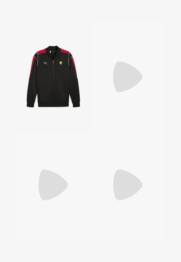 Chaqueta negra con cremallera y acentos rojos, costuras blancas y logo de Puma; presenta el emblema de Ferrari en el pecho y dos bolsillos laterales.; Camiseta deportiva negra de Puma con mangas cortas, logo blanco, acentos rojos en los hombros y cuello en forma de V. Fabricada con material ligero.; Pantalones deportivos negros con paneles laterales verdes con estampado y una cintura elástica, con un logo blanco de Puma en el lado derecho.; Botín de fútbol blanco con raya negra, tacos moldeados, cordones y una solapa de lengüeta con velcro que muestra logotipos dorados.