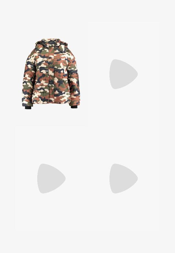 Doudoune camouflage comprenant un mélange de couleurs marron, vert et crème, avec une capuche et des poignets côtelés. Son design matelassé ajoute de la texture.; T-shirt en coton blanc avec un logo rouge Levi's en forme d'étiquette rouge. Manches courtes et encolure ronde, coupe décontractée.; Jean slim bleu foncé en denim, avec un design classique à cinq poches, des coutures orange contrastantes et une fermeture éclair avec bouton.; Baskets basses noires avec bande blanche latérale, lacets blancs, semelle en caoutchouc blanche et bout texturé sur fond neutre.