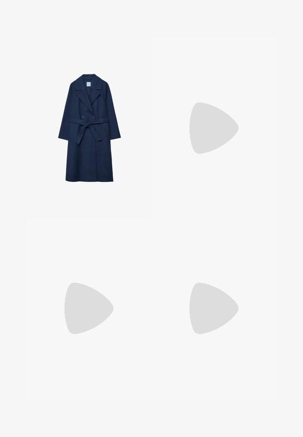 Navyblauer langer Wollmantel mit breiten Revers, zweireihigen Knöpfen, Seitentaschen und einem gebundenen Gürtel in der Taille.; Hellblau-weiße gestreifte Hemdbluse mit Kragen, lockerer Passform, luftigen Ärmeln und geknöpften Handgelenken. Aus leichtem Stoff gefertigt.; Marineblaue Hosen mit weitem Bein und elastischem Bund. Hergestellt aus einem glatten, leichten Stoff, mit einer legeren Silhouette und ohne sichtbare Nähte.; Weiße Leder Sneakers mit schwarzen Streifen, Gummigummi-Außensohle, runder Zehenform, Schnürverschluss und weichem grauem Wildleder-Zehenkappe.