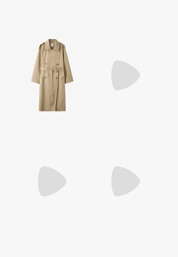Beige dobbeltradet trenchcoat med brede revers, skulderstropper, knapdetaljer og et matchende bælte i taljen.; Enkelt hvid bomulds T-shirt med korte ærmer og rund hals, vist fladt på en hvid baggrund.; Lyseblå højtaljede brede jeans med let slid på forlommer og lår, knaplukning og design med fem lommer.; Hvid lavtop sneaker med hvide snørebånd og gummisål vist fra siden på en neutral baggrund.