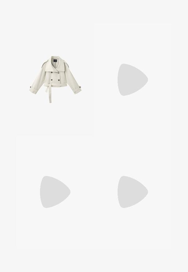 Hellbeige gekürzter Trenchcoat mit doppelreihigen Knöpfen, weitem Kragen, Gürtel und geknöpften Manschetten an langen Ärmeln.; Weißes Baumwoll-T-Shirt mit kurzen, aufgerollten Ärmeln, rundem Ausschnitt und geradem Saum. Glatte Textur ohne sichtbare Muster oder Akzente.; Hellblaue, weit geschnittene Jeans aus Denim mit einem hellen Waschung, fünf Taschen, einem Knopfverschluss und sichtbaren Nähten entlang der Nähte.; Graue Wildleder-Sneaker mit weißen Lederstreifen und goldenen Logodetails. Flache Gummisohle, abgerundete Zehenpartie und klassisches Schnürverschlussdesign.