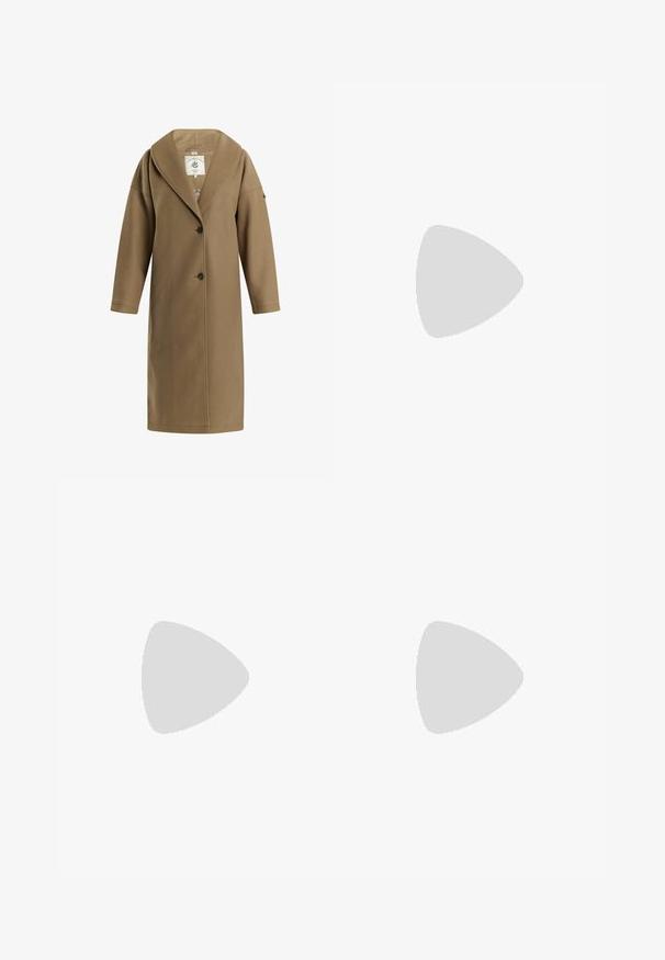 Langer camelbrauner Wollmantel mit weitem Kragen, langen Ärmeln, zwei vorderen Knöpfen und lockerer Passform.; Beige Strickpullover mit Rundhalsausschnitt, geripptem Saum und Bündchen. Leicht strukturiertes Gewebe mit gestickten Details entlang der Ärmel.; Graue weite Hosen aus strukturiertem Stoff, mit hoher Taille und vorderen Falten, ohne sichtbare Taschen oder metallische Details.; Schwarze Lederankelstiefel mit spitzer Zehe, mittlerem Blockabsatz und glatter Textur. Bietet ein minimalistisches Design ohne sichtbare Beschläge.
