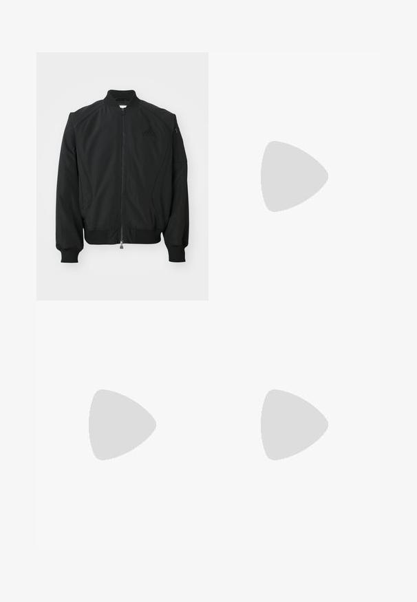 Čierna bomber bunda Adidas s predným zipsom, rebrovým golierom, manžetami, spodným lemom a malou zipsovou kapsou na ľavom rukáve.; adidas Originals CALI TEE - Tričko s potlačou - oat; Čierne športové nohavice vyrobené z hladkej tkaniny, vybavené elastickým pásom, zúženými nohavicami a rebrovanými manžetami na členkoch.; Žltá športová obuv s textúrovaným zvrškom, s čiernymi pruhmi a logom. Zaoblená špička, mäkká podrážka a vzor v tvare cik-cak na materiáli.