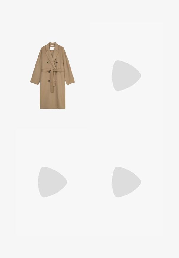 Manteau en laine beige avec un design croisé, des revers larges et une ceinture amovible. Il comporte deux boutons noirs et des manches longues.; Pull en maille gris clair avec un col rond, des manches longues et une finition texturée subtile. Aucun motif ou accent visible.; Pantalon beige taille haute à jambes larges avec passants pour ceinture, poches latérales, et fermeture avant zippée avec bouton.; Baskets basses blanches à lacets, tige en cuir lisse, panneaux subtilement cousus et semelle en caoutchouc marron clair.