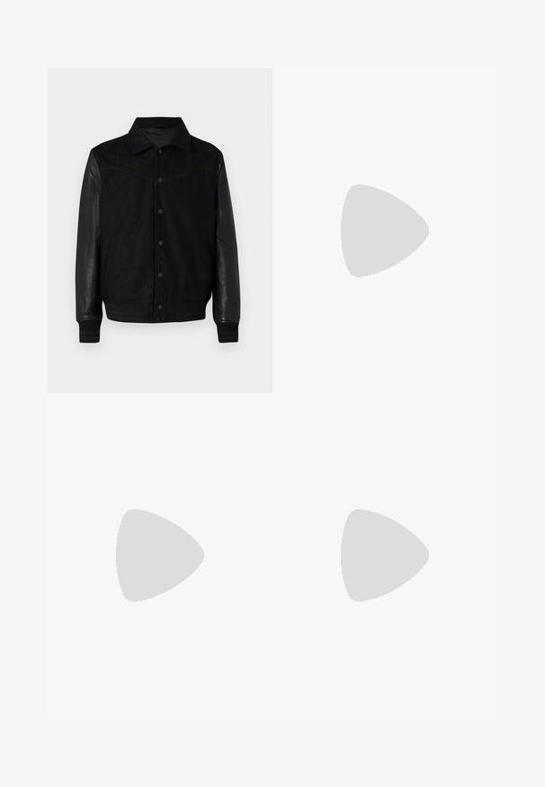 Veste noire avec un corps en laine et des manches en cuir. Comprend un devant à boutons, des poches latérales et des poignets et un ourlet côtelés. Texture lisse dans l'ensemble.; DRYKORN DIEGGO - Chemise - blue; Pantalons en velours côtelé gris avec un motif de rayures verticales texturé, dotés d'une fermeture par bouton et de deux poches latérales. Coupe ajustée et longueur raccourcie.; Mocassin homme en cuir noir avec couture moc toe, bride penny, col texturé et petit talon empilé sur fond blanc.