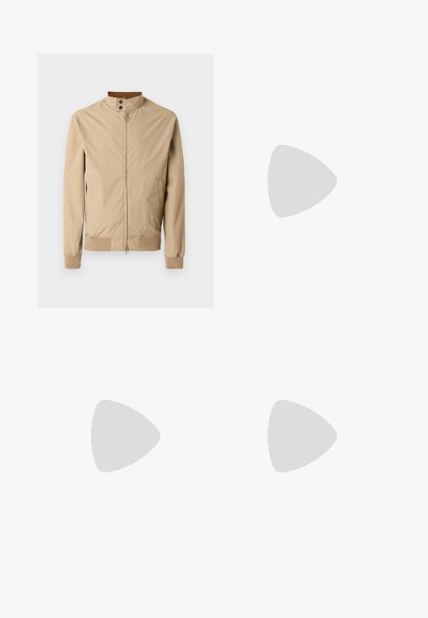 Veste légère beige à fermeture éclair avec col montant, boutons-pression, deux poches latérales et poignets et ourlet côtelés.; Pull marron à manches longues avec un col rond côtelé, confectionné dans un matériau doux et texturé. Présente un design simple et droit sans motifs.; Jean droit en denim bleu clair avec taille haute, cinq poches, fermeture à boutons et léger délavage sur les cuisses et les genoux.; Mocassins en cuir marron avec une finition lisse, des coutures de style mocassin, un bout rehaussé et une semelle en caoutchouc basse et flexible.