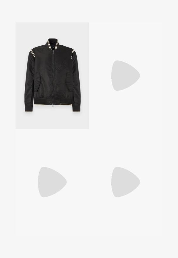 Veste bomber noire en nylon brillant, avec des accents crème rayés sur le col et les poignets, dotée de deux poches latérales et d'une fermeture éclair frontale.; T-shirt blanc à manches courtes avec une surface légèrement texturée et un col rond. Pas de motifs visibles ni de détails matériels.; Jean en denim bleu clair avec une coupe droite, présentant une finition délavée, un design classique à cinq poches et des coutures contrastées.; Baskets couleur crème avec une tige en cuir lisse, bout arrondi, laçage à l'avant et semelle en caoutchouc texturée. Design minimaliste, sans logo.