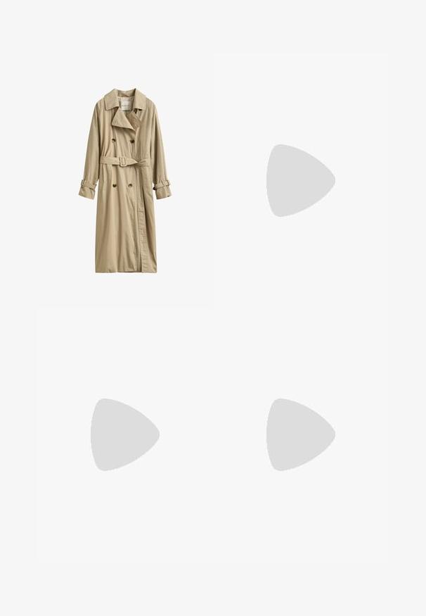 Trench-coat beige croisé avec ceinture et sangles à boucle sur les manches longues, avec un col classique et deux poches avant.; Haut blanc à manches longues avec une coupe ajustée, présentant des motifs en zigzag texturés et un col bateau. Confectionné en tissu doux et léger.; Jean en denim à jambes larges de couleur bleu clair avec une texture délavée. Équipé d'une taille ajustable avec un cordon noir et de poches traditionnelles.; Baskets basses marron avec lacets, détails en daim cousu et logo « HUGO » sur le côté, présentées de profil sur un fond blanc.