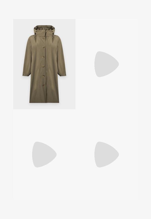 Imperméable long vert olive à capuche avec fermeture à boutons sur le devant et manches longues, présenté sur un fond blanc.; T-shirt court noir à manches courtes, style crop, avec un petit logo Columbia blanc sur le côté gauche de la poitrine, col rond, design simple sur fond blanc.; Pantalon beige à jambes larges avec fines rayures verticales discrètes, passants de ceinture, fermeture par bouton et poches avant.; Chaussure de trail running noire avec semelle robuste, tige en mesh et synthétique, fermeture à lacets et languette de tirage sur fond blanc.