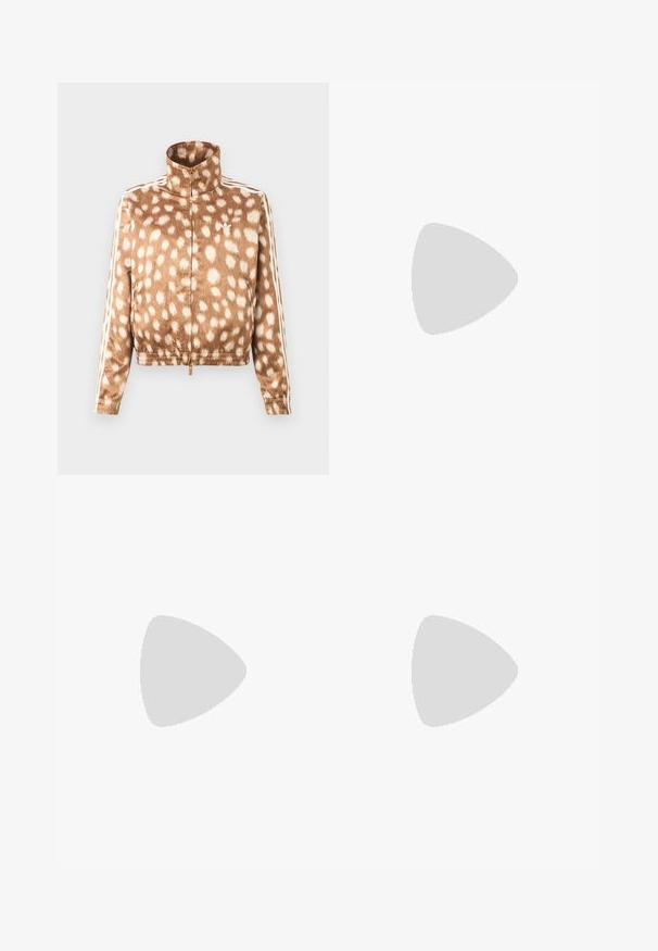 Brown zip-up jacket with white spotted pattern, high collar, elastic cuffs, and white Adidas stripes on sleeves.; Cream tank top with thin straps; Adidas logo in black at chest. Smooth fabric with a drawstring detail at the hem. Simple design.; Beige pinstriped skirt with a high waist, concealed zipper, and metal button closure. Includes a small branded label on the front.; Brown and white ballet flat shoe with three white stripes and ankle tie bow on a plain light background.