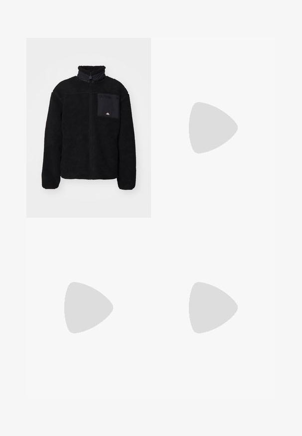 Ellesse VITERBO - Winterjas - black; Witte lange mouwen t-shirt van katoen. Voorzien van een klein gouden logo op de borst en een ronde hals. Eenvoudig ontwerp en standaard pasvorm.; Zwarte denim broek met een rechte pasvorm, voorzien van voorzakken, een rits en een enkele bovenste knoop. Gestructureerde stof met een matte afwerking.; Zwarte en grijze sport schoenen met een bovenwerk van mesh en suede, voorzien van een witte tussenzool, veters en een gedurfde "N"-logo aan de zijkant.