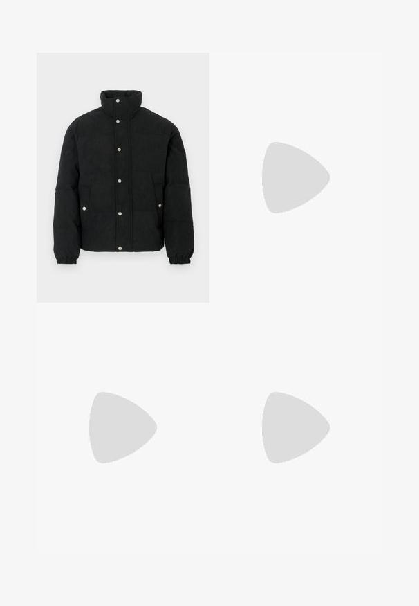 Veste matelassée en velours côtelé noir avec un col montant, une fermeture à boutons-pression, deux poches avant et des poignets élastiques pour un ajustement parfait.; T-shirt à manches longues en coton côtelé crème avec "DODGE DEMON" brodé sur le devant et des graphismes imprimés sur la manche droite. Texture douce.; Jean en denim bleu clair taille haute avec coupe droite. Il présente un design classique à cinq poches et une fermeture éclair avec bouton.; Baskets en cuir blanc avec une coque beige et une semelle en caoutchouc marron clair. Dotées de lacets blancs plats et d'un logo embossé sur le côté.