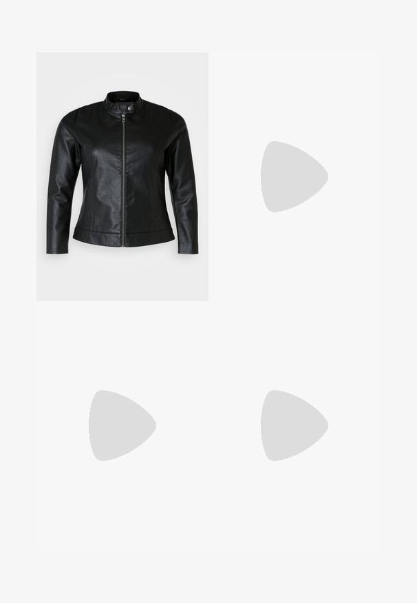 Schwarze Lederjacke mit rundem Kragen, Frontreißverschluss und zwei Seitentaschen. Glatte Textur mit leichtem Glanz und taillierter Passform.; Graues kurzärmliges T-Shirt aus weichem Material mit klassischem Rundhalsausschnitt und aufgerollten Ärmeln. Glatte Textur ohne sichtbare Muster.; Schwarze Denim-Jeans mit einem geraden Bein-Design. Merkmale sind ein Knopfverschluss an der Taille, Gürtelschlaufen und Vorder-/Gesäßtaschen. Glatte Textur.; Schwarze flache Schuhe aus Leder mit spitzem Fuß, verstellbarem Riemen mit einer Metallschnalle, glatter Textur und minimalistischem Design.