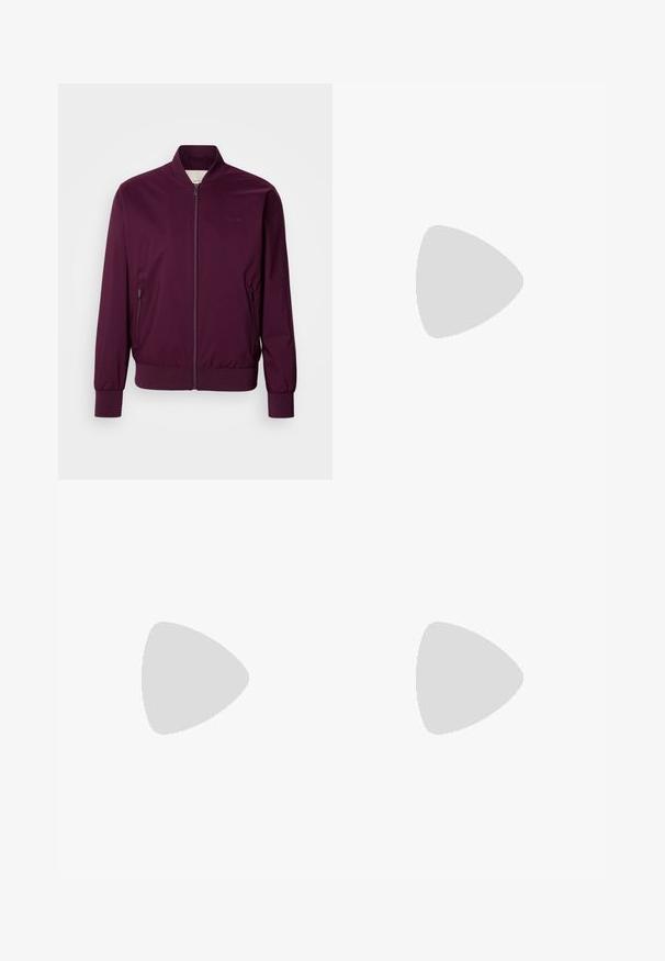 Veste bomber bordeaux avec une fermeture éclair, des poignets et un ourlet élastiques. Dotée de poches latérales et d'un logo discret sur la poitrine. Texture de tissu lisse.; T-shirt Calvin Klein bleu marine à manches courtes, col rond et petit logo blanc centré sur la poitrine.; Pantalon noir avec taille élastique, jambes droites et poches latérales, conçu pour un usage décontracté ou professionnel.; Baskets de sport noires avec un dessus en mesh, des accents texturés et une semelle en caoutchouc épaisse. Présente un tirant à l'arrière et un design à lacets.