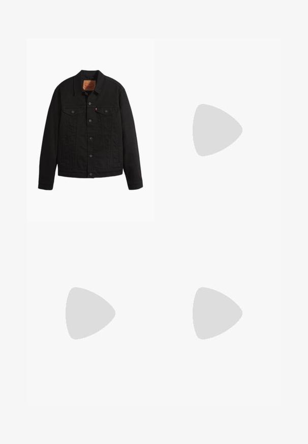 Schwarze Jeansjacke mit Knopfleiste vorne, zwei Brusttaschen mit Knöpfen, Seitentaschen, Kragen und langen Ärmeln.; Schwarzes Kurzarm-T-Shirt aus weichem Stoff, mit Rundhalsausschnitt und geradem Schnitt, ohne sichtbare Muster oder Grafiken.; Graue Jeans aus Denim mit Distressed-Details, slim fit, klassischer Five-Pocket-Design und leicht verjüngtem Bein.; Weiße Leder-Sneaker mit glatter Oberfläche, rundem Zehenbereich, flachen Schnürsenkeln und strukturiertem Schuhsohlen. Graues Wildleder-Detail an der Ferse.