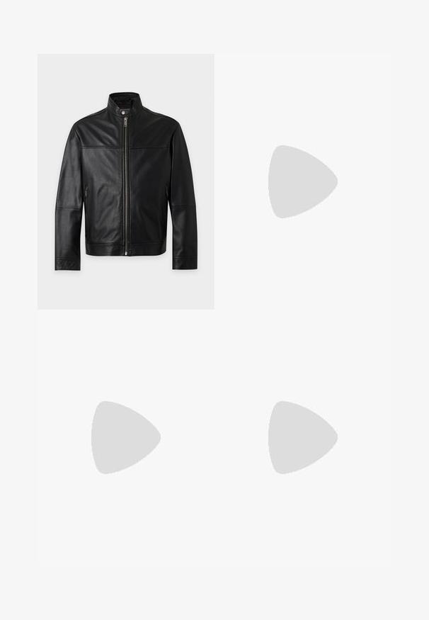 Veste en cuir noire avec col montant, fermeture éclair complète à l'avant, fermeture par bouton-pression et poches latérales zippées, présentée sur un fond uni.; Pull noir à manches longues avec une courte fermeture éclair sur le devant, des poignets côtelés et le logo EA7 Emporio Armani sur la poitrine gauche et l’étiquette du col.; Pantalon de jogging noir avec taille à cordon, poignets élastiques, poches latérales et bandes en satin le long des coutures extérieures.; Sneaker blanc avec une tige en toile lisse, des lacets plats, un col rembourré et un accent gris texturé à l'arrière. Semelle en caoutchouc épaisse.