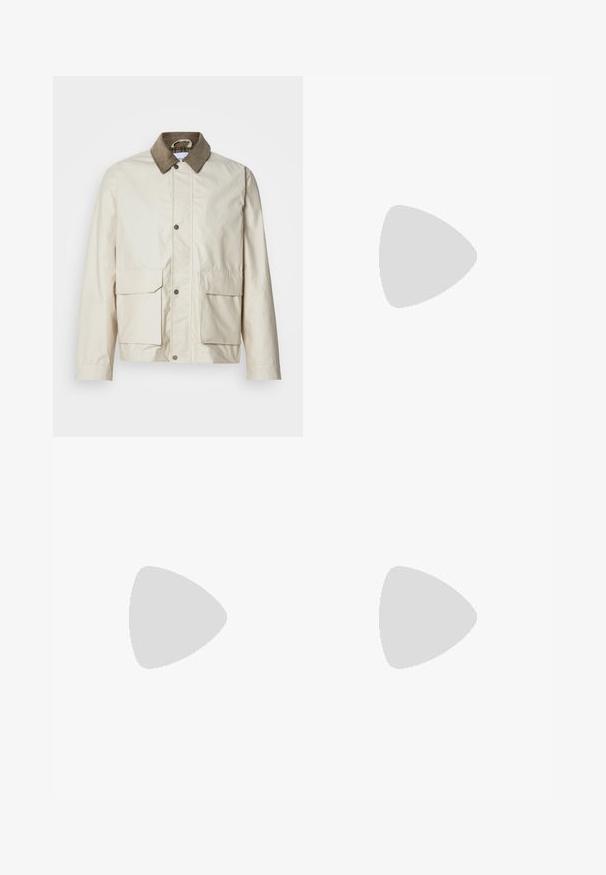 Veste beige clair avec un col en velours côtelé marron, deux poches avant, fermeture à snaps et une texture lisse. Design décontracté adapté au superposition.; T-shirt en coton marron à manches courtes, col rond et coupe droite. Texture lisse, coutures minimales et pas de logos visibles.; Pantalon droit kaki avec bouton et fermeture éclair, passants de ceinture et poches latérales sur un fond clair uni.; Baskets en daim beige avec semelles en caoutchouc blanc, bout rond et six œillets pour les lacets. Texture lisse avec un design minimaliste.