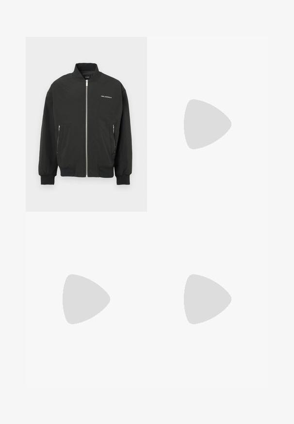 Veste bomber noire avec fermeture éclair à l'avant, deux poches latérales, poignets et ourlet côtelés, avec le logo blanc "KARL LAGERFELD" sur la poitrine.; T-shirt noir à manches courtes et col rond avec petit logo blanc "cK" sur le côté gauche de la poitrine, coupe classique, design simple.; Jean noir droit avec cinq poches, passants pour ceinture et fermeture par bouton, présenté sur un fond blanc.; Baskets blanches en cuir lisse avec des coutures ton sur ton, fermeture à lacets, bout arrondi et semelle en caoutchouc texturée.