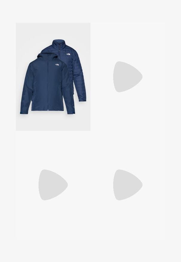 Chaqueta reversible azul marino con un exterior impermeable y un interior acolchado aislante. Cuenta con cremalleras y bolsillos laterales dobles.; Camiseta gris de manga corta hecha de una tela suave. Presenta un escote redondo y un pequeño logo blanco en la parte superior izquierda.; Pantalones negros de pierna recta con una textura de tela suave, bolsillos frontales y cierre de botón plateado. Diseño simple y líneas limpias.; Zapatilla de running negra con parte superior de malla, superposiciones texturizadas y suela gruesa de goma. Cuenta con seis ojales y un diseño con patrón.