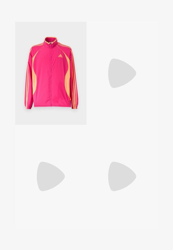 Φωτεινό ροζ αθλητικό μπουφάν Adidas με ροδακινί πλαϊνές λωρίδες, ροδακινί ρίγες στα μανίκια, ελαστικά μανσέτα και φερμουάρ στο μπροστινό μέρος.; Λευκό βαμβακερό t-shirt με μαύρο ριγωτό λαιμό και μανίκια, διαθέτει τρεις μαύρες ρίγες σε κάθε ώμο και ένα μικρό λογότυπο στο στήθος.; Ροζ αθλητικά παντελόνια με ελαστική μέση, πλαινά τσέπες και αντίθετα μαύρα καμπυλωτά σχέδια με λογότυπο Adidas.; Κίτρινο αθλητικό παπούτσι με υφή στο επάνω μέρος, με μαύρες ρίγες και λογότυπο. Στρογγυλεμένη μύτη, μαλακή σόλα και ζιγκ-ζαγκ σχέδιο στο υλικό.
