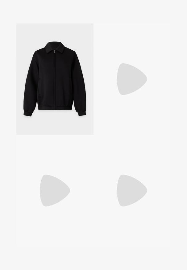 Veste noire zippée avec manches longues, col, poches latérales et poignets et ourlet côtelés, présentée sur un fond clair uni.; T-shirt noir uni à manches courtes avec col rond et coupe droite, présenté sur un fond gris clair.; Jean en denim noir taille haute, jambes larges et poches plaquées devant, fermeture par boutons et fermeture éclair, présenté sur un fond uni.; Ballerines en cuir noir avec un bout rond, texture lisse, détails de couture minimalistes et design de semelle flexible.