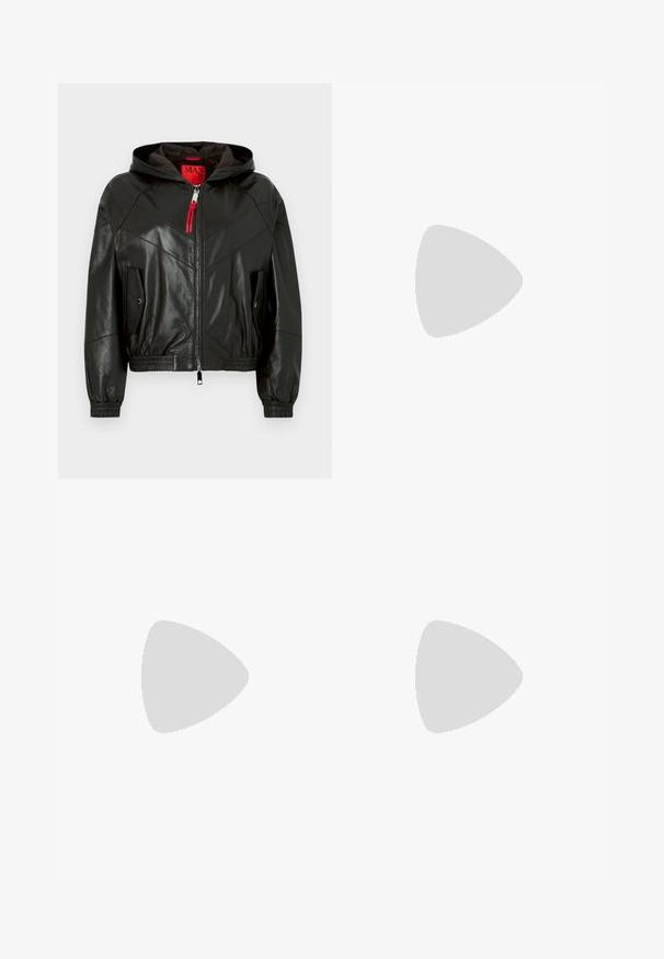 Veste à capuche en cuir noir avec fermeture éclair à l'avant, tirette de fermeture éclair rouge, poignets et ourlet élastiques, et deux poches à rabat avec boutons-pression.; Débardeur sans manches vert olive fabriqué dans un tissu lisse et extensible. Présente un col rond et une silhouette ajustée sans coutures visibles.; Pantalon en lin beige léger et ample avec une taille élastique et des poignets élastiques aux chevilles.; Ballerines en cuir noir avec un bout rond, texture lisse, détails de couture minimalistes et design de semelle flexible.