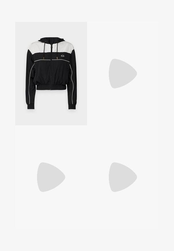 Chaqueta corta en blanco y negro con capucha, cierre de cremallera, puños acanalados y cinturilla elástica; cuenta con rayas blancas y detalle de logo en el pecho.; Top negro corto con mangas cortas transparentes y parte superior del pecho, con escote redondo y cuerpo ajustado de color negro sólido.; Leggings negros con una cintura alta, que presentan acentos de un patrón en chevron blanco y negro en las piernas inferiores, hechos de un material elástico.; Zapatilla deportiva negra y gruesa con patrones de estrellas, detalles texturizados, suela gruesa y tira para tirar sobre fondo neutro.