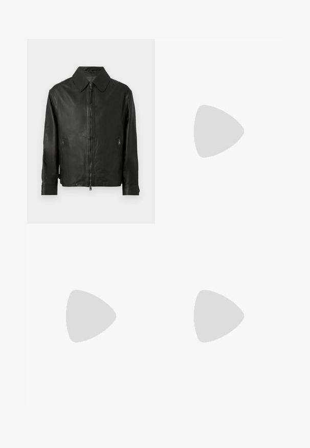 Veste en cuir noire avec col à revers, fermeture éclair à l'avant, poches latérales zippées et manches longues avec détails aux poignets.; Pull à col rond à manches longues, marron et gris moucheté, avec des poignets et un ourlet côtelés, arborant un petit logo brodé sur la poitrine.; Jean en denim délavé foncé avec une coupe décontractée, présentant deux déchirures aux genoux, une fermeture à bouton standard et un design à cinq poches.; Mocassin pour homme en cuir noir avec un dessus embossé effet croco et un petit talon, présenté de profil sur un fond neutre.