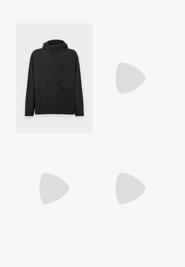 Veste imperméable noire avec capuche, fermeture à glissière partielle à l'avant, poignets élastiqués et deux poches avant. Texture lisse et coupe décontractée.; T-shirt à manches longues vert clair en coton doux. Comporte un col rond et un petit logo noir sur le côté gauche de la poitrine. Design simple.; Pantalon de survêtement bleu foncé avec une taille à cordon, des poches latérales, un tissu lisse et un détail de logo subtil sur le côté gauche.; Basket basse en cuir noir avec lacets noirs et semelle épaisse noire, vue de profil sur fond gris clair.