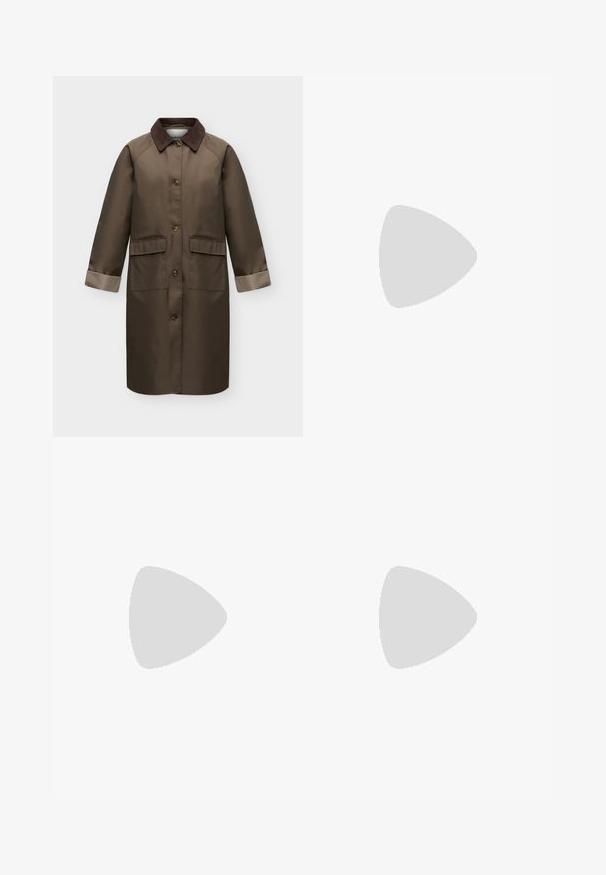 Manteau long marron avec col marron foncé, quatre boutons devant, deux poches à rabat et poignets retournés à carreaux aux manches.; Chemise à manches longues à boutons avec motif à pois noirs et gris et col pointu, présentée sur fond blanc.; Jean denim bleu foncé droit avec bouton devant, fermeture éclair et design à cinq poches.; Bottine en cuir bordeaux avec un bout pointu et un talon carré. Texture lisse avec une silhouette élégante et des lignes épurées.