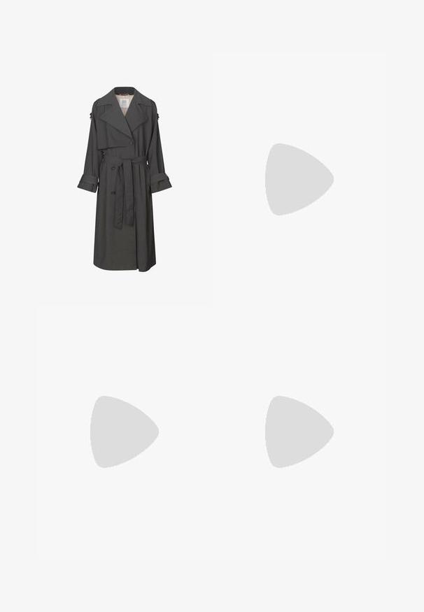 Grauer Trenchcoat mit einem doppelt-knöpfbaren Vorderteil, tailliertem Bund, breitem Kragen und Manschetten. Hat eine glatte Textur und ein maßgeschneidertes Design.; Gina Tricot TUBE - Top - silver-coloured; Weiße Cargo-Hose mit elastischem Bund, mehreren Seitentaschen und Zugbändern an den Knöcheln. Strukturiert, leichtes Gewebe.; Schwarze Kampfstiefel mit einer strukturierten Oberseite, die ein Hahnentrittmuster aufweist, zwei verstellbare Riemen und eine robuste Sohle.