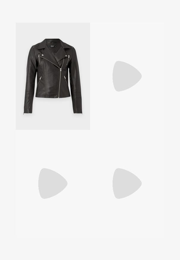 Chaqueta de motocicleta de cuero negro con un diseño ajustado, cremallera frontal asimétrica y tres bolsillos con cremallera. Incluye hombreras en los hombros.; Top negro de manga larga con patrón de encaje floral transparente y escote barco, exhibido sobre un fondo liso gris claro.; Jeans negros de tiro alto en corte Slim, hechos de denim con una textura sutil, con cinco bolsillos y cierre de botón en la parte delantera.; Zapato de tacón tipo slingback de cuero burdeos con textura de cocodrilo, punta afilada, correa ajustable con hebilla y tacón bajo tipo kitten sobre un fondo blanco.