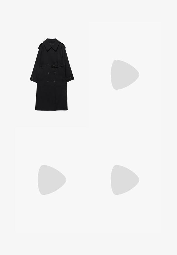 Trench coat noir avec large col, boutons croisés, taille ceinturée, poignets à boutons et épaulettes, posé à plat sur fond blanc.; T-shirt blanc uni à manches courtes et col rond avec une petite étiquette "WEEKDAY" à l'intérieur de l'encolure, présenté à plat sur un fond clair.; Jean large taille haute bleu clair avec poches avant, passants pour ceinture et zones décolorées sur les cuisses.; Botte en cuir noire mi-mollet avec semelle à crampons épaisse, fermeture éclair latérale, languette à l'arrière et nom de la marque embossé sur le bord de la semelle.