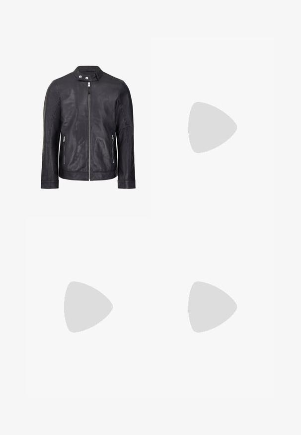 Bolongaro Trevor Classic Racer - Veste en cuir - black; T-shirt en coton noir avec un col rond, des manches courtes et un design simple. Texture lisse, sans motifs ni éléments visibles.; Jeans noirs slim-fit avec cinq poches, fermeture à bouton et passants de ceinture, étiquetés Jack & Jones.; Baskets Nike Air Force 1 noir et blanc suspendues au-dessus d'une surface en béton rose avec un fond en pierre grise.
