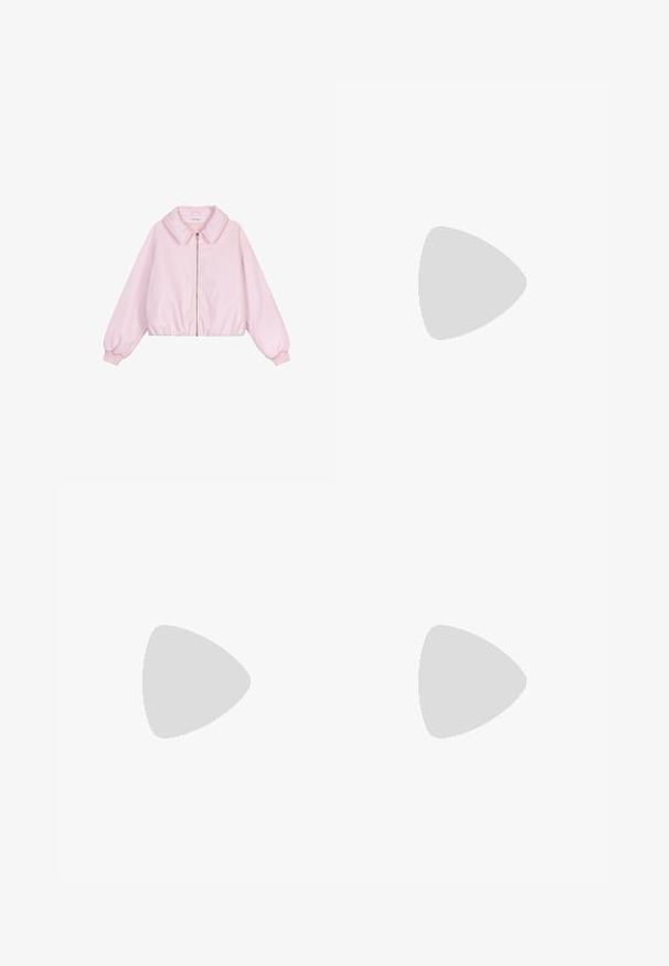 Chaqueta corta de color rosa claro con cuello y cierre de cremallera. Presenta puños y dobladillo elásticos, textura suave similar a la satén y sin patrones.; Vestido corto rosa sin tirantes cubierto de lentejuelas brillantes que crean una superficie texturizada y resplandeciente.; Zapato de tacón alto metálico rosa con punta afilada, correa en el tobillo y superficie texturizada. Presenta un tacón stiletto delgado y un interior suave.; Bolso pequeño con forma de media luna cubierto de pedrería rosa, con un asa corta a juego y cierre de cremallera en la parte superior.