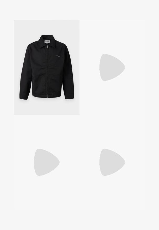 Veste noire à fermeture éclair avec col, manches longues, et logo blanc "Carhartt" sur la poitrine, présentée sur un fond uni.; Polo en maille bleu avec rayures verticales ajourées, patte de boutonnage à trois boutons, poche poitrine avec logo Carhartt et bordures noires sur le col et les manches.; Short en denim bleu avec bouton et fermeture éclair à l'avant, deux poches avant et une poche à monnaie, présenté sur un fond uni.; Chaussure de bateau en cuir marron avec des lacets noirs, des coutures beiges et une semelle robuste, suspendue au-dessus d'un sol en béton gris.