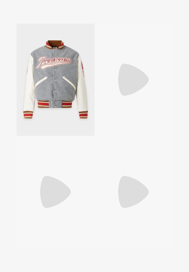 Γκρι και λευκό varsity μπουφάν με καφέ, κόκκινες και λευκές ριγέ μανσέτες και γιακά, εμπρόσθιες τσέπες, κουμπιά με «πατητό» και λογότυπο «Icecream» στο στήθος.; Μωβ βαμβακερό T-shirt με κοντά μανίκια, με μικτό λευκό χταπόδι και το κείμενο «PULPO PICNIC» τυπωμένα στο αριστερό στήθος.; Τζιν σε μπεζ χρώμα με ίσια γραμμή, πέντε τσέπες και κουμπί στο μπροστινό μέρος. Διαθέτει διακριτικά ξεθωριάσματα και ραφές.; Λευκό αθλητικό παπούτσι με ελαφρώς μπεζ σουέντ λεπτομέρειες, διάτρητο σχέδιο, επίπεδα κορδόνια και σόλα από καουτσούκ τύπου γκάμ. Διαθέτει ριγέ σήμανση στη φτέρνα.