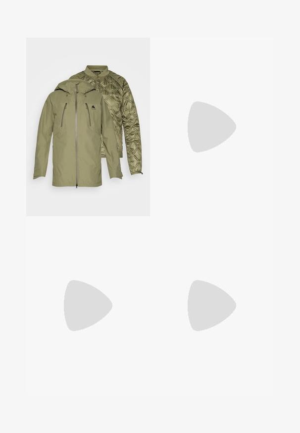 Veste d'extérieur verte avec une doublure matelassée amovible, poches zippées et capuche ajustable. Coque extérieure texturée et doublure lisse.; Pull-over en polaire beige avec col à demi-fermeture éclair, poche avant et ourlet élastique ; présente une surface douce et texturée avec un accent de logo blanc.; BDG Urban Outfitters CONTRAST - Pantalon cargo - beige; Chaussure de randonnée marron et beige avec languette rouge, semelle blanche épaisse et lacets style corde, flottant au-dessus d'un tapis beige tissé à l’intérieur.