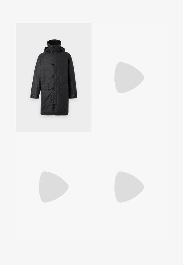 Barbour BEAUDALE WAX - Wintermantel - navy; Grauer gestrickter Pullover mit Polokragen, Fünf-Knopf-Leiste, langen Ärmeln und gerippten Bündchen; zeichnet sich durch einen strukturierten Stoff mit dezenten Sprenkeln aus.; Hellgraue Denim-Jeans mit geradem Schnitt, ausgewaschener Optik, fünf Taschen und Reißverschluss. Mit dezenten Steppnähten.; Schwarze Leder-Lenker mit runder Spitze, erhobenem Naht und dicker Gummisohle. Schlichtes Design mit minimaler Markenpräsenz an der Seite.