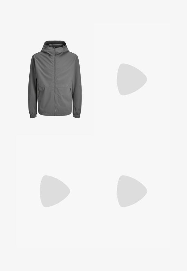 Veste légère grise avec capuche, fermeture éclair à l'avant, poignets élastiques et deux poches latérales. Tissu lisse, design minimaliste, logo de marque subtil.; Haut de sport noir à manches longues avec col montant, coupe ajustée, et logo blanc "J.Lindeberg" sur la manche gauche et le col.; Pantalons cargo noirs avec une coupe droite, dotés de poches latérales et d'un tissu texturé. Fermeture par bouton à la taille pour un maintien sécurisé.; Baskets montantes noires avec une surface texturée, dotées d'un design imperméable, d'un système de laçage et d'une semelle en caoutchouc proéminente avec la marque Vibram.
