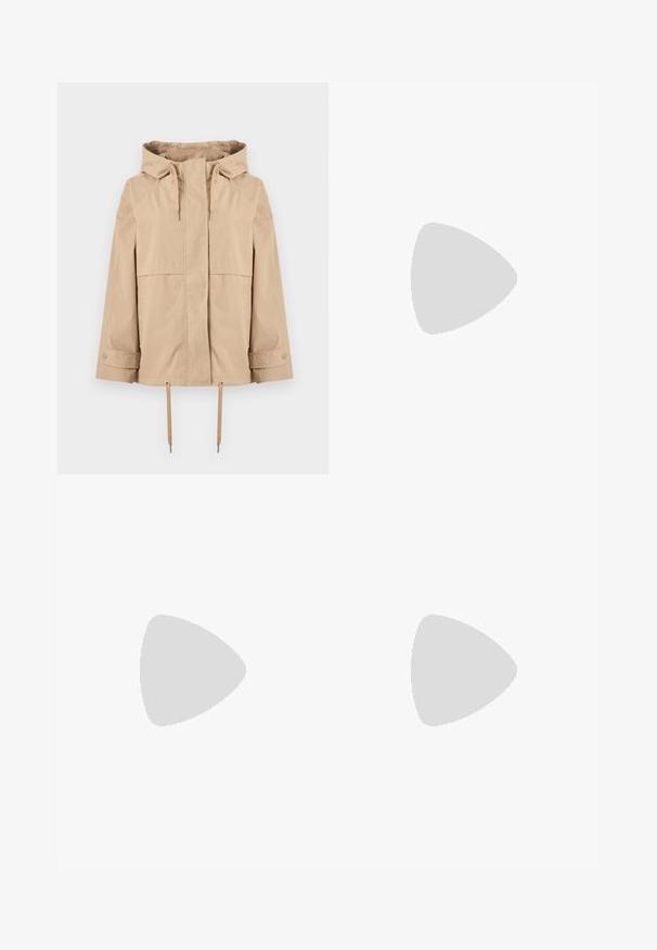 Veste beige à capuche avec fermeture éclair frontale, cordons réglables à la capuche et à l'ourlet, manches longues avec poignets à boutons-pression, et deux poches latérales.; T-shirt blanc cassé uni à manches courtes et col rond, coupe décontractée, présenté sur un fond clair.; Jean marron taille haute avec jambe évasée, fermeture par boutons sur le devant, poches avant et arrière, présenté sur un fond uni.; Sneaker beige avec des matériaux en daim et en maille, forme arrondie, col rembourré proéminent et semelle en caoutchouc gomme. Présente un accent de design en forme de vague.