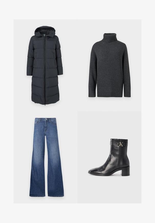 Manteau long rembourré gris foncé, avec une fermeture éclair sur le devant, une capuche et des poches latérales. Design matelassé avec des panneaux texturés.; Pull à col roulé gris foncé en tissu tricoté, avec un col et un ourlet côtelés, des manches amples et un design simple.; Jean en denim à jambes larges dans un délavage bleu moyen, comportant cinq poches, des passants de ceinture et une fermeture à bouton. Texture lisse avec un léger dégradé.; Botte de cheville en cuir noir avec un bout pointu, un talon carré et une sangle avec un détail de logo métallique. Texture lisse et design minimaliste.