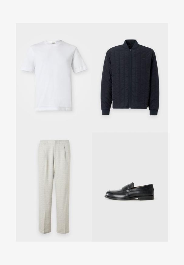 Chaqueta acolchada de color marino con cremallera en el frente, cuello y puños de canalé, que presenta un sutil logo en el lado izquierdo del pecho. Textura suave.; Camiseta de algodón blanca con mangas cortas, escote redondo y una textura suave. No se observan patrones ni detalles.; Pantalones gris claro con una tela texturizada, que presentan un corte recto, frente con pliegues y cinturilla estándar. Sin bolsillos o acentos visibles.; Mocasines de cuero negro con punta redondeada, detalles cosidos y suela plana de goma. Presentan una banda ancha sobre el empeine.