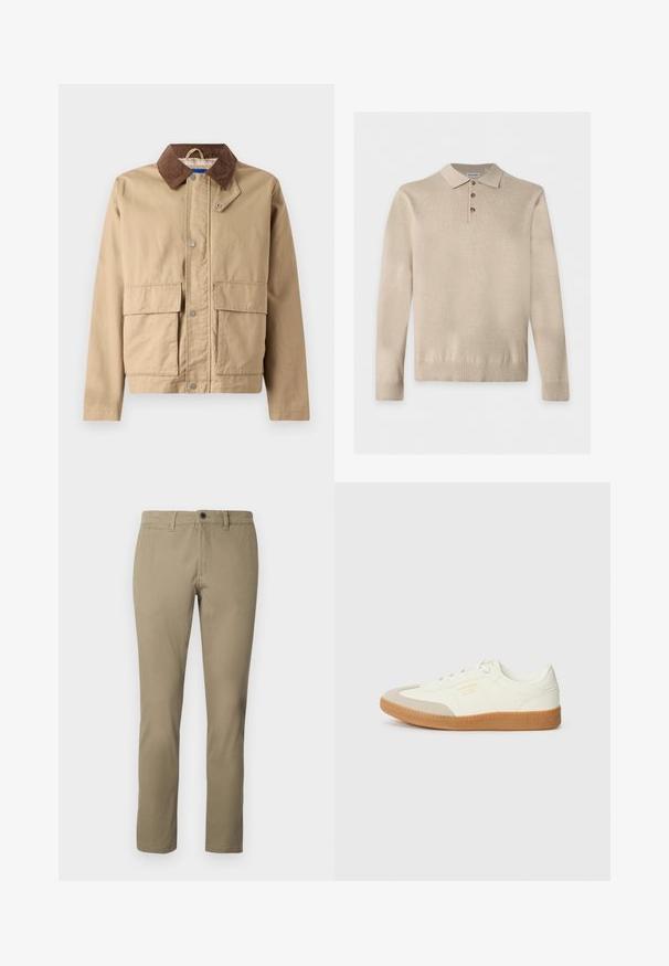 Veste beige avec un col en velours côtelé marron, fermeture à pression, et deux grandes poches avant. Fabriquée en tissu durable avec une texture lisse.; Polo en maille beige à manches longues avec trois boutons et poignets et ourlet côtelés, posé à plat sur un fond blanc.; Chinos kaki en mélange de coton, avec une coupe droite, une taille standard avec fermeture à bouton et des poches latérales.; Baskets en cuir blanc avec une coque beige et une semelle en caoutchouc marron clair. Dotées de lacets blancs plats et d'un logo embossé sur le côté.