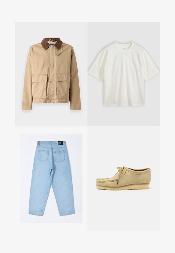Tan jakke med krave i brun kordfløjl, trykknaplukning og to store forlommer. Lavet af holdbart stof med en glat tekstur.; Hvid T-shirt med korte ærmer i bomuld. Rund hals, afslappet pasform, diskret branding på brystet og en rød etiket i kanten.; Lyseblå denimjeans med en afslappet pasform, der har to baglommer og et synligt mærke på taljen. Glat tekstur, lige ben-design.; Beige suedestøvle med snørebåndsdesign, syede detaljer og gummisål. Formen er afslappet med en let hæl.