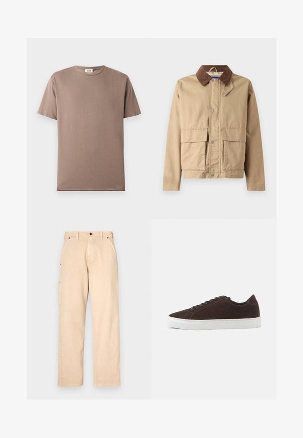 Tan jas met een bruine corduroy kraag, drukknoopsluiting en twee grote voorzakken. Gemaakt van duurzame stof met een soepele textuur.; Korte mouwen t-shirt van bruin katoen, met een ronde halslijn en een lichte, gladde textuur. Geen zichtbare patronen of hardware.; Beige katoenen pantalons met rechte pijpen, voorzien van zijzakken, riemlussen en een knoopsluiting aan de voorkant. Glad textuur, minimalistisch design.; Donkerbruine suede lage sneaker met bijpassende veters en dikke witte rubberen zool, zijaanzicht op een effen achtergrond.
