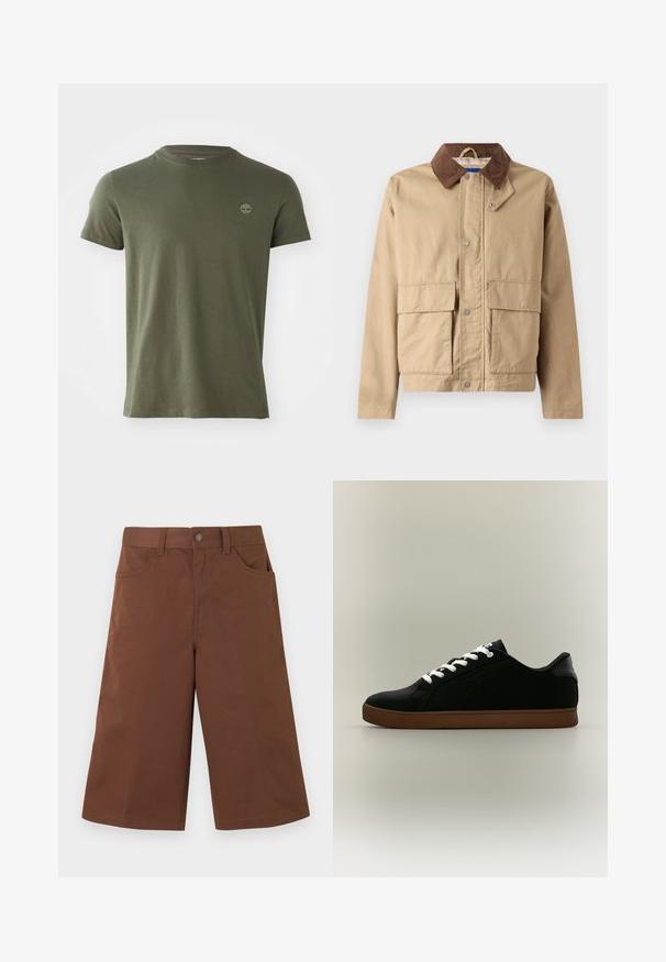 Tan jas met een bruine corduroy kraag, drukknoopsluiting en twee grote voorzakken. Gemaakt van duurzame stof met een soepele textuur.; Olijf groene katoenen t-shirt met een ronde hals, korte mouwen en een klein geborduurd logo op de borst. Soepele textuur, klassieke pasvorm.; Bruine, knielange, wijd uitlopende korte broek met voorzakken en een knoopsluiting aan de tailleband tegen een effen achtergrond.; Zwarte lage sneaker met witte veters en bruine zool, getoond vanaf de linkerzijde op een neutrale beige achtergrond.