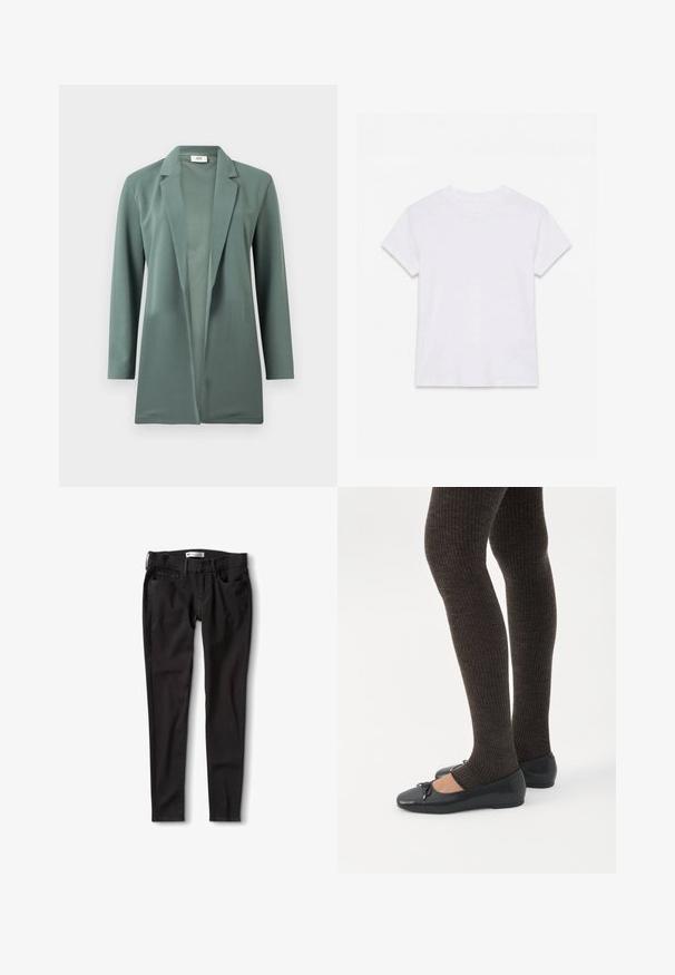 Blazer vert à manches longues fabriqué dans un tissu lisse. Présente un col cranté et un design à devant ouvert. Pas de fermetures ou d'ornements visibles.; T-shirt en coton blanc uni à manches courtes et col rond, étalé à plat sur un fond blanc.; Jeans en denim noir avec une coupe droite, dotés d'une taille standard, de passants de ceinture et de deux poches avant. Texture lisse, matériel minimal.; Jambes portant des leggings côtelés foncés associés à des ballerines noires avec de petits détails en nœud sur fond blanc.