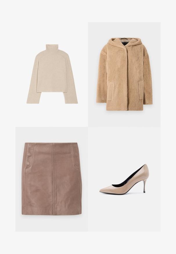 Manteau en fausse fourrure beige avec capuche, doté d'une coupe décontractée et de deux poches avant. La texture est douce et duveteuse, augmentant la chaleur.; Pull col roulé beige à côtes, avec des manches longues et une coupe ajustée, présentant un col haut et un motif de tricot texturé.; Mini-jupe courte en cuir marron avec détails de couture avant et poches latérales, posée à plat sur un fond blanc.; Chaussure à talon haut pointu en cuir verni beige avec talon aiguille fin et doublure intérieure noire sur fond blanc.